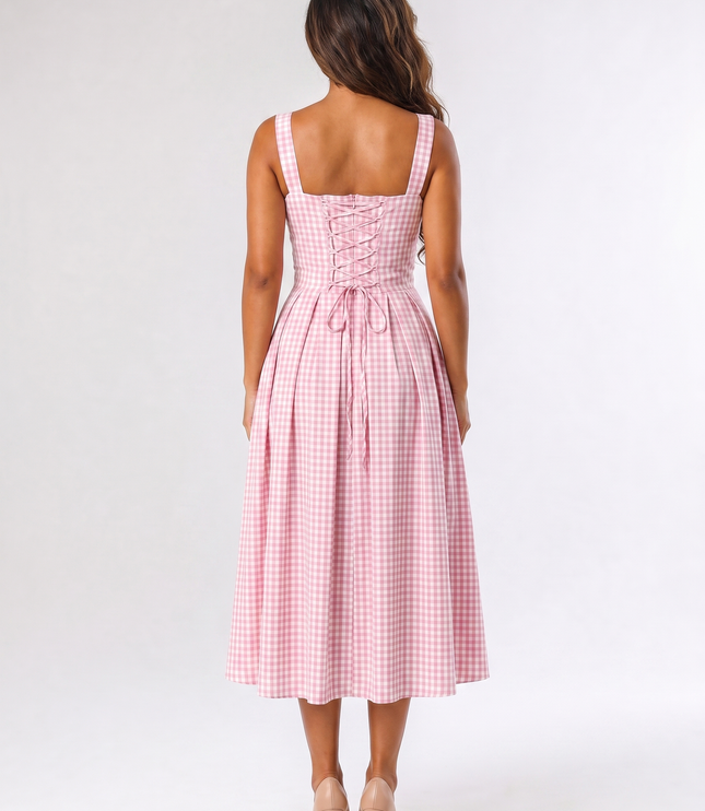 AI-generated back view of women's pink gingham square neck midi dress showing lace-up corset detail