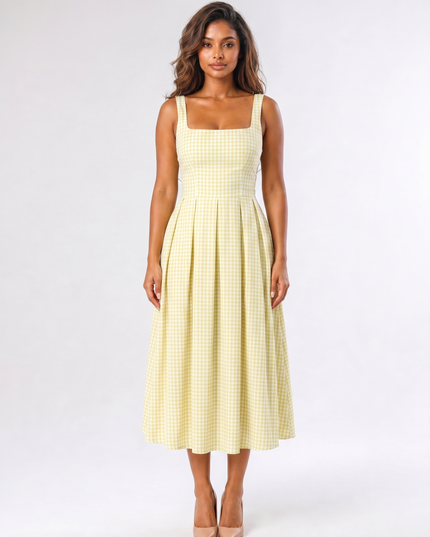 AI-generated front view of women's yellow gingham square neck midi dress with pleated A-line skirt