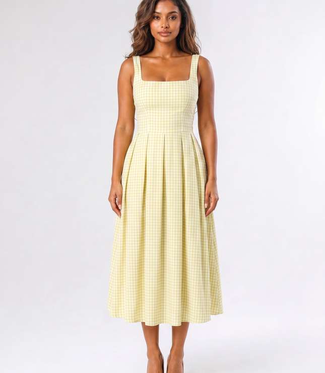 AI-generated front view of women's yellow gingham square neck midi dress with pleated A-line skirt