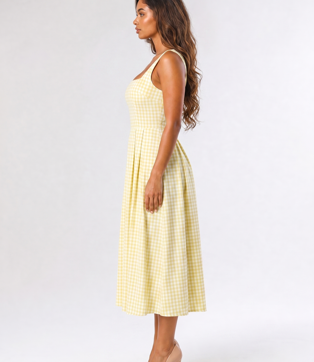 AI-generated side view of women's yellow gingham square neck midi dress showing dress silhouette