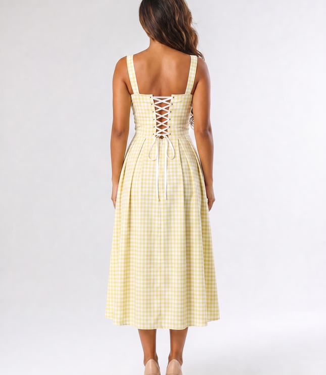 AI-generated back view of women's yellow gingham square neck midi dress showing lace-up corset detail