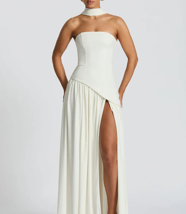 Ivory halter maxi dress with strapless bodice, high slit, and soft scarf neckline