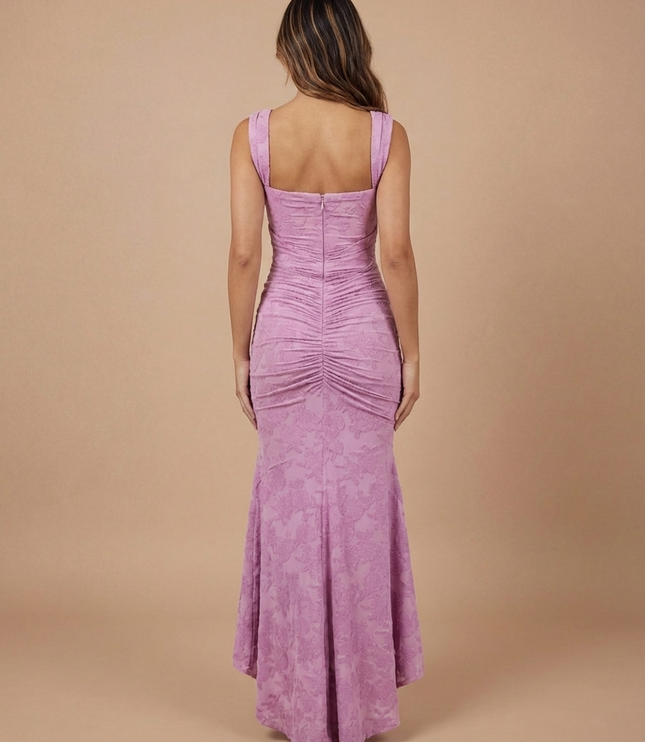 Lavender lace midi dress back view with wide straps, center zipper, ruched back and flared high-low skirt