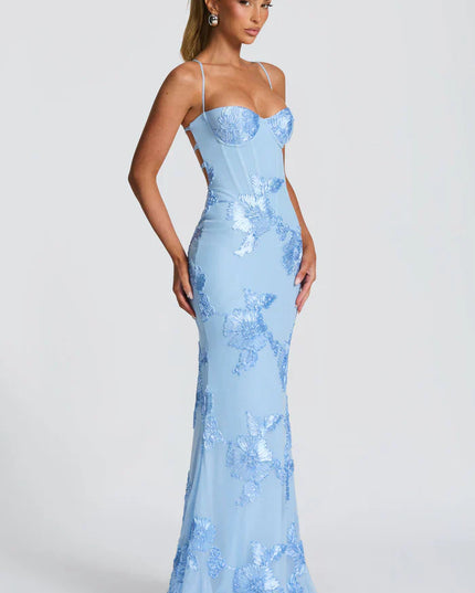 Light blue floral lace maxi dress with thin straps and fitted silhouette, angled side view