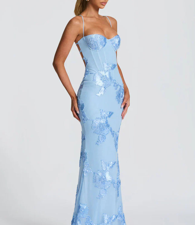Light blue floral lace maxi dress with thin straps and fitted silhouette, angled side view