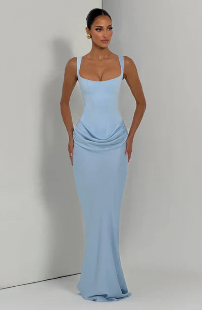 Light blue square neck corset maxi dress with draped waist and fitted silhouette
