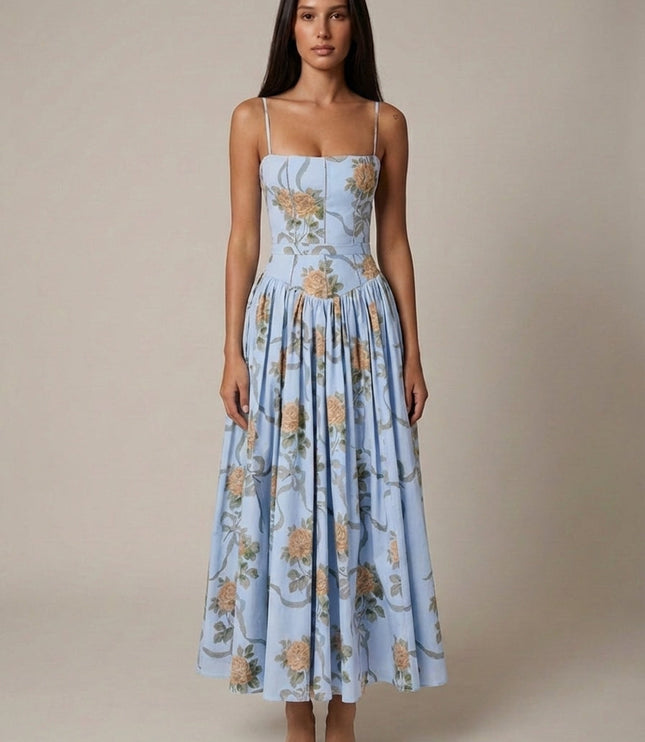 Light blue floral corset midi dress with spaghetti straps and pleated skirt, front view