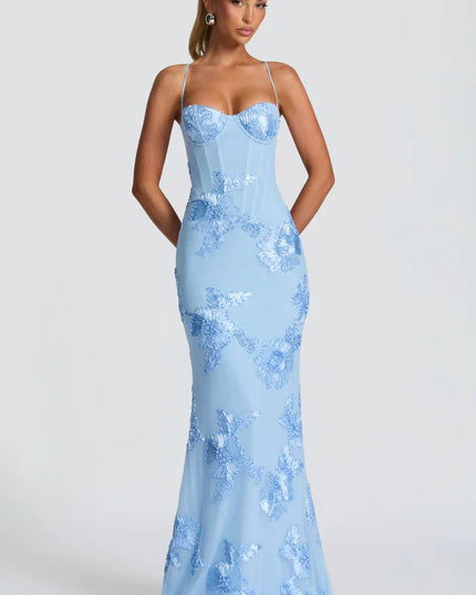 Light blue lace maxi dress with floral appliqué and sweetheart bustier bodice, front view
