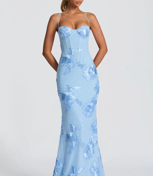 Light blue lace maxi dress with floral appliqué and sweetheart bustier bodice, front view
