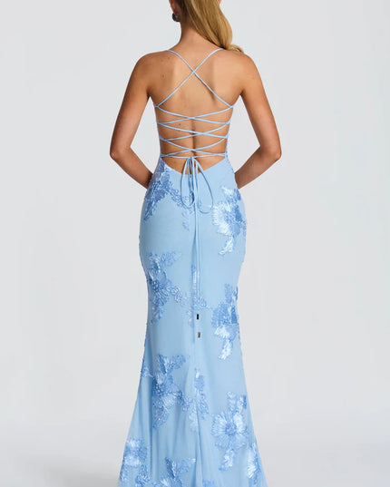 Light blue lace maxi dress back view with crisscross lace-up straps and long tie detail