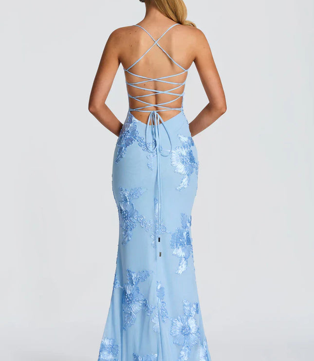 Light blue lace maxi dress back view with crisscross lace-up straps and long tie detail