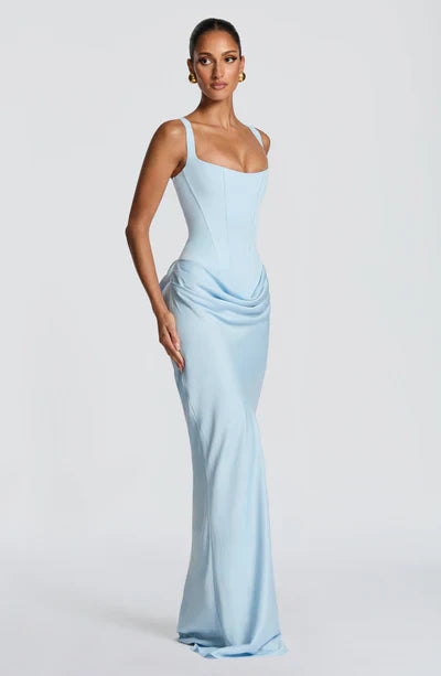 Light blue square neck corset maxi dress with draped hip detail, front view