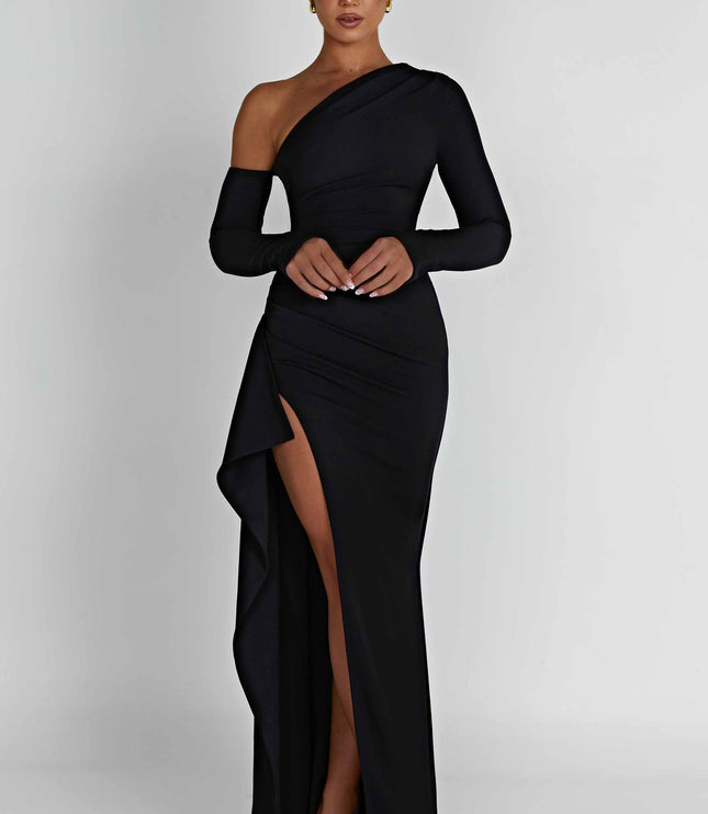 Front view of a women's black asymmetric long sleeve dress, featuring a high slit and gathered fabric detail.