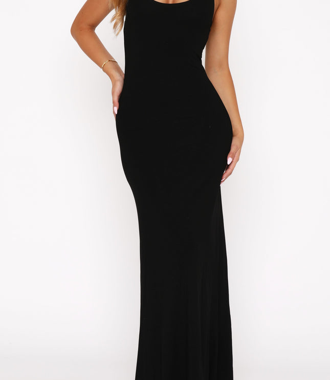 Front view of a black halter scoop neck maxi dress, showcasing the fitted silhouette and floor-length design.