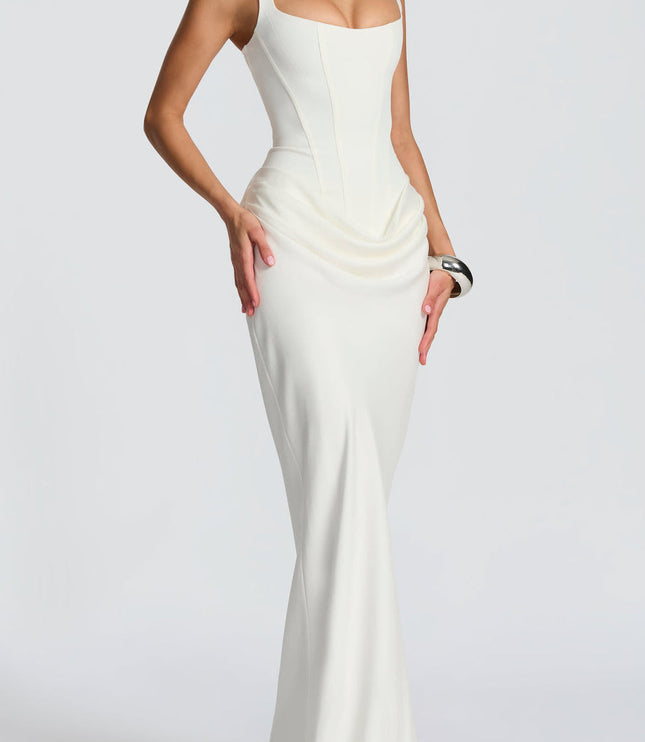 Full-length view of a white square neck draped corset maxi dress, emphasizing the clean lines and sophisticated design.