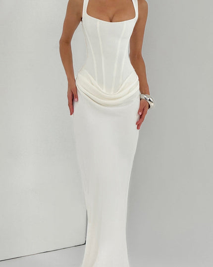 Elegant white square neck corset maxi dress for women with subtle draping detail, ideal for formal occasions.