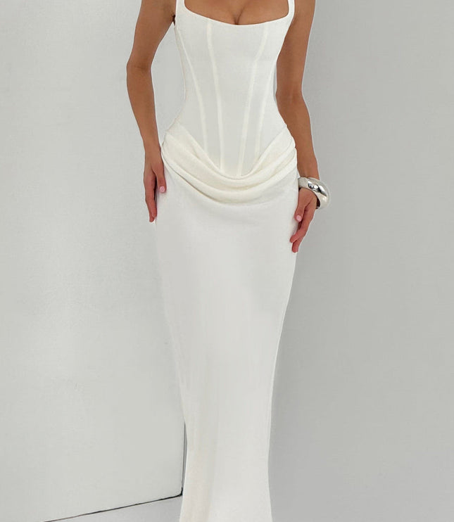 Elegant white square neck corset maxi dress for women with subtle draping detail, ideal for formal occasions.