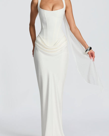 White square neck corset maxi dress for women, styled with a sheer white scarf draped around the neck.
