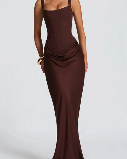 Front view of a dark brown square neck draped corset maxi dress for women, with a sleek, form-fitting design.