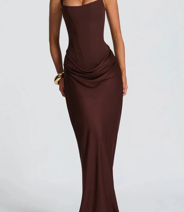 Front view of a dark brown square neck draped corset maxi dress for women, with a sleek, form-fitting design.