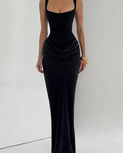 Front view of the black square neck draped corset maxi dress, showing the sleek design and floor-length hem.