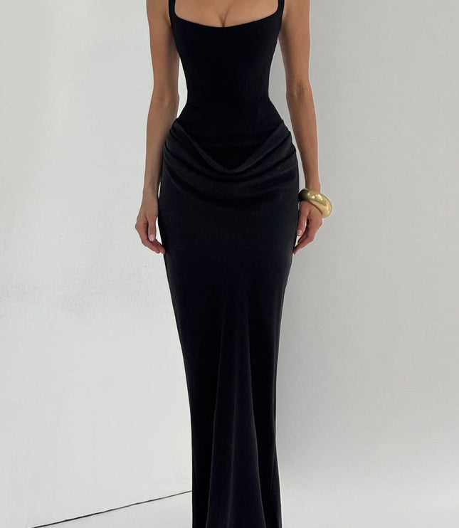 Front view of the black square neck draped corset maxi dress, showing the sleek design and floor-length hem.