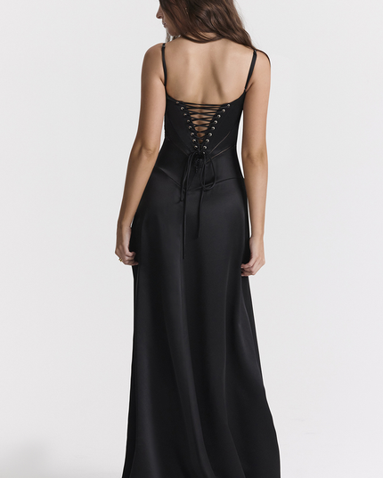 Women Black Tie Lace Up Corset Back Maxi Dress - product image 2