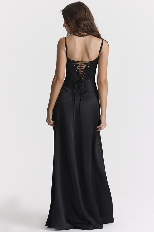 Women Black Tie Lace Up Corset Back Maxi Dress - product image 2
