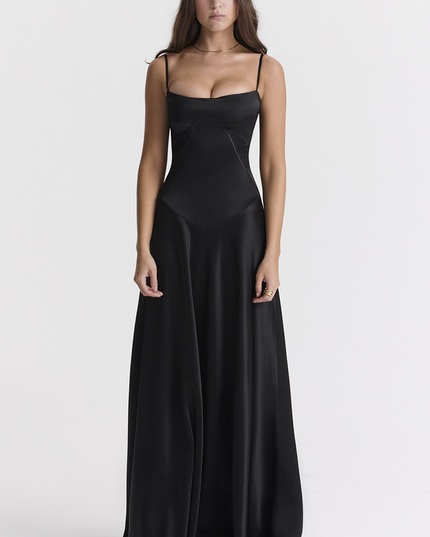 Front view of the black maxi dress, highlighting the sweetheart neckline and sleek silhouette.