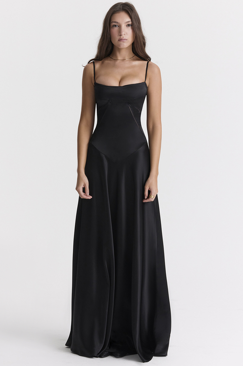 Front view of the black maxi dress, highlighting the sweetheart neckline and sleek silhouette.