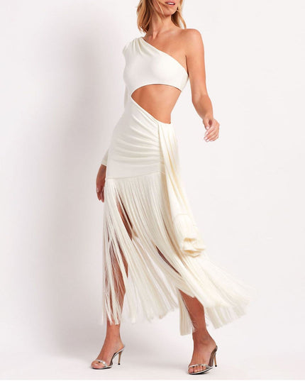 Elegant white one-shoulder maxi dress with side cut-out and long fringe detail, as a bridesmaid dress.