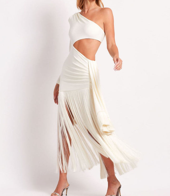 Elegant white one-shoulder maxi dress with side cut-out and long fringe detail, as a bridesmaid dress.