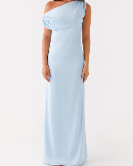 Front view of a light blue satin maxi dress, showcasing the sleek silhouette and one-shoulder draped neckline, suitable as a bridesmaid dress.