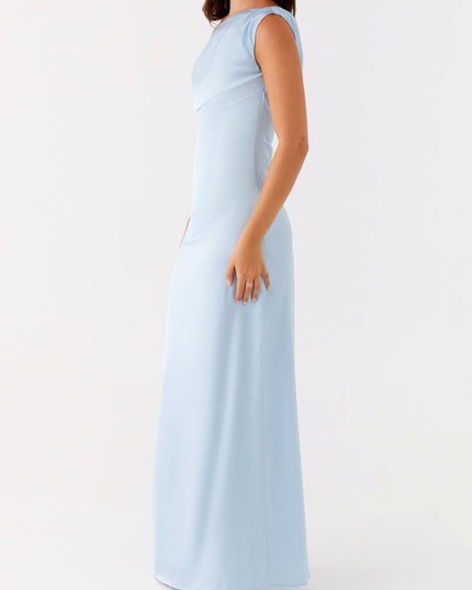 Side profile of a light blue satin maxi dress, highlighting the flowing skirt and the subtle sheen of the fabric, a beautiful option for wedding suits for women.