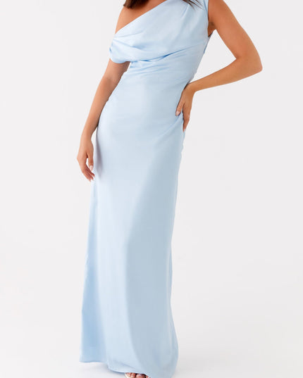 Light blue satin maxi dress with a one-shoulder draped top, showcasing the form-fitting bodice and flowing skirt, a chic dress suit for women.