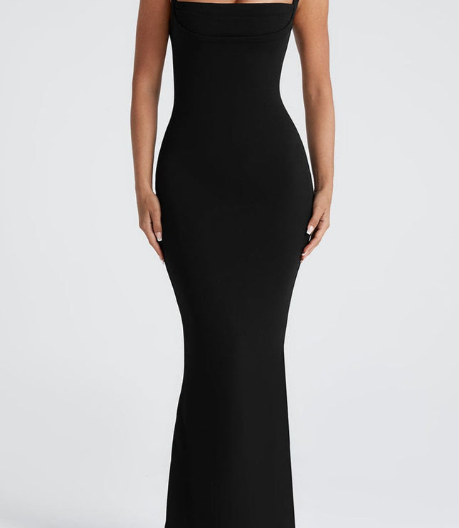 Front view of the women's black square neck draped maxi dress, for bridesmaids or formal events.