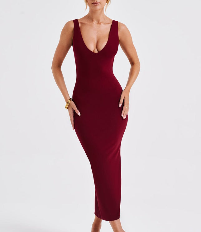 Full front view of a women's burgundy plunge neck midi dress, sleeveless, with a fitted design and subtle accessories.
