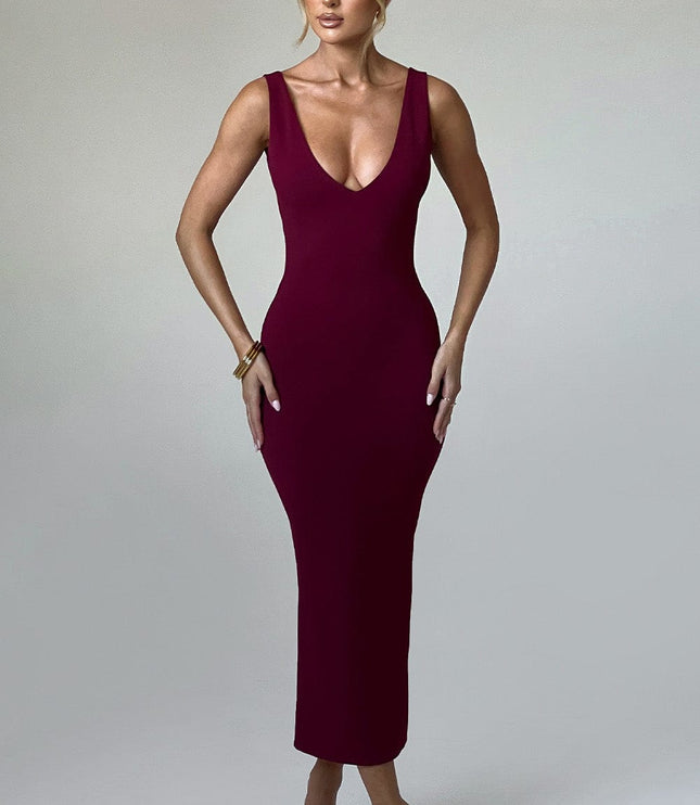 Front view of a women's burgundy plunge neck midi dress, sleeveless and form-fitting, with gold bracelet details.