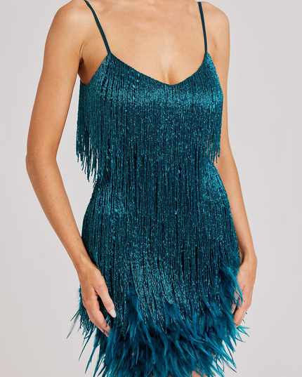 Close-up of the bodice and skirt of a teal sequin fringe mini dress, showcasing the intricate feather trim on the hem.