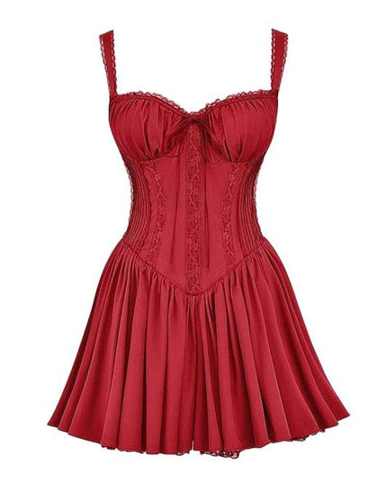 Red corset lace-up mini dress with pleated details, a sweetheart neckline, and ruffled shoulder straps on a white background.