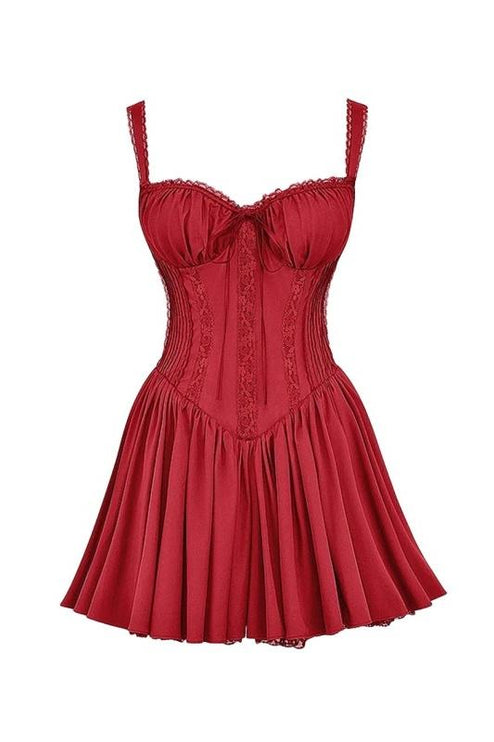 Red corset lace-up mini dress with pleated details, a sweetheart neckline, and ruffled shoulder straps on a white background.