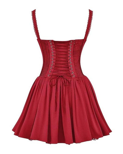 Back view of a red corset lace-up mini dress showing the full lace-up detail and pleated skirt on a white background.
