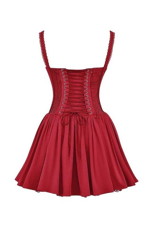 Back view of a red corset lace-up mini dress showing the full lace-up detail and pleated skirt on a white background.