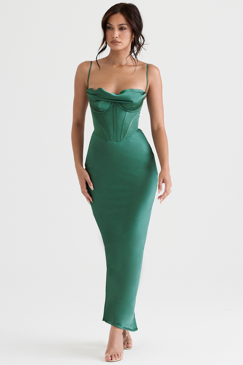 Front view of a women's green satin maxi dress featuring a sweetheart neckline, corset detailing, and a sleek silhouette.
