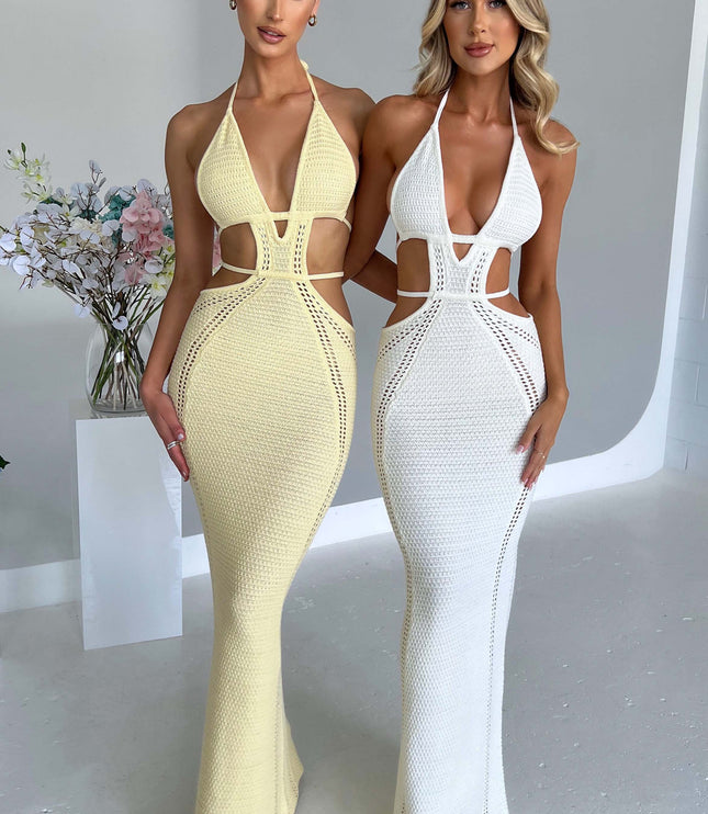 Full-length shot of two women in the light yellow and white crochet knit plunge halter maxi dresses, showing both color options.