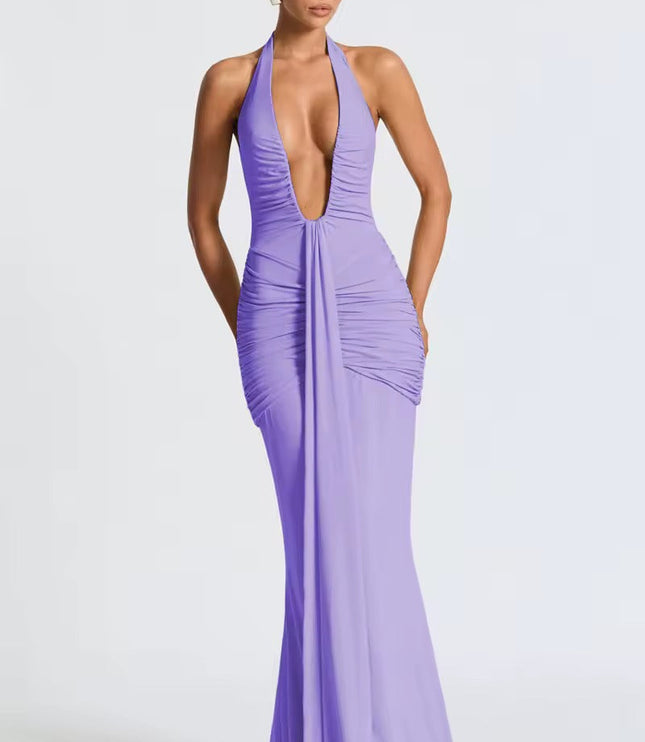 Full front view of a women's lavender deep V halter ruched mermaid maxi dress, highlighting the elegant drape.