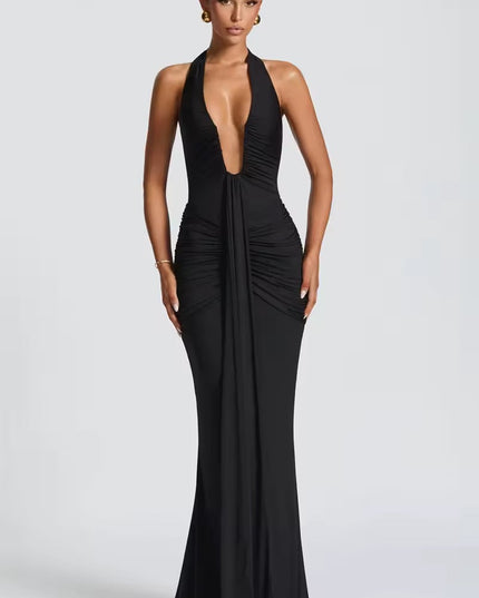 Front view of a black deep V halter ruched mermaid maxi dress, showcasing its form-fitting design.