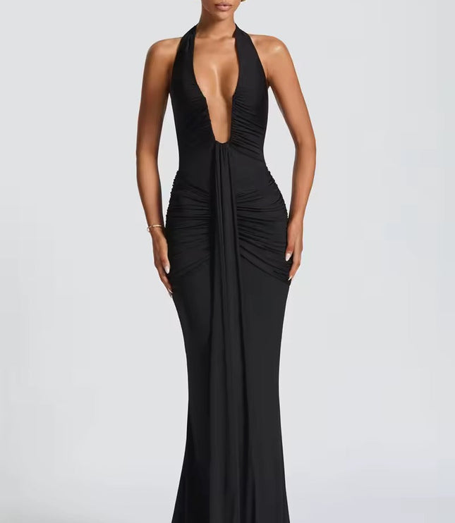 Front view of a black deep V halter ruched mermaid maxi dress, showcasing its form-fitting design.