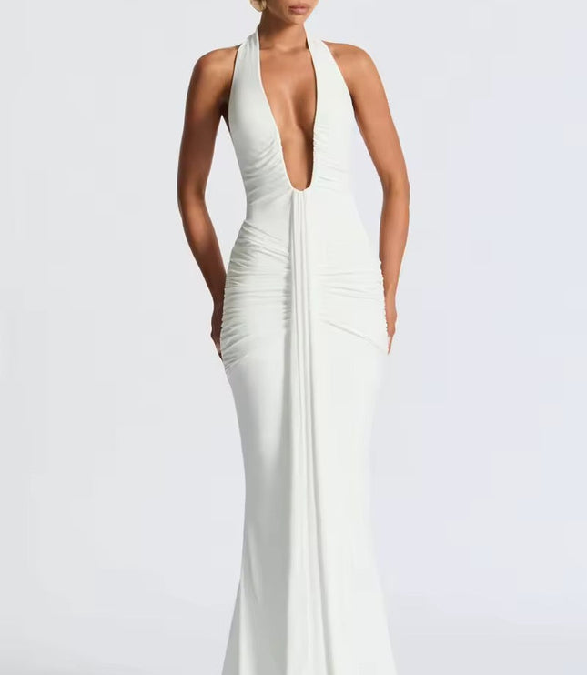 Full length front view of a white deep V halter ruched mermaid maxi dress, for formal occasions.