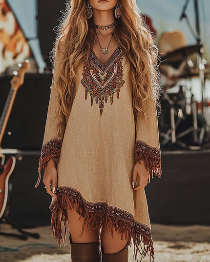 Front view of a women's tan embroidered fringe V-neck long sleeve mini dress, for a casual suit dress look.